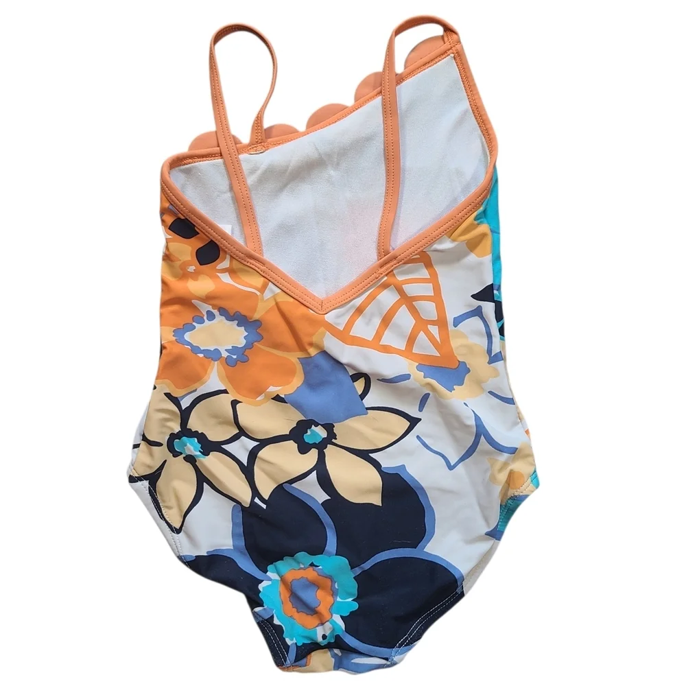 Gymboree Floral One Shoulder Swimsuit Girls 4 Blue Orange 3D Petal